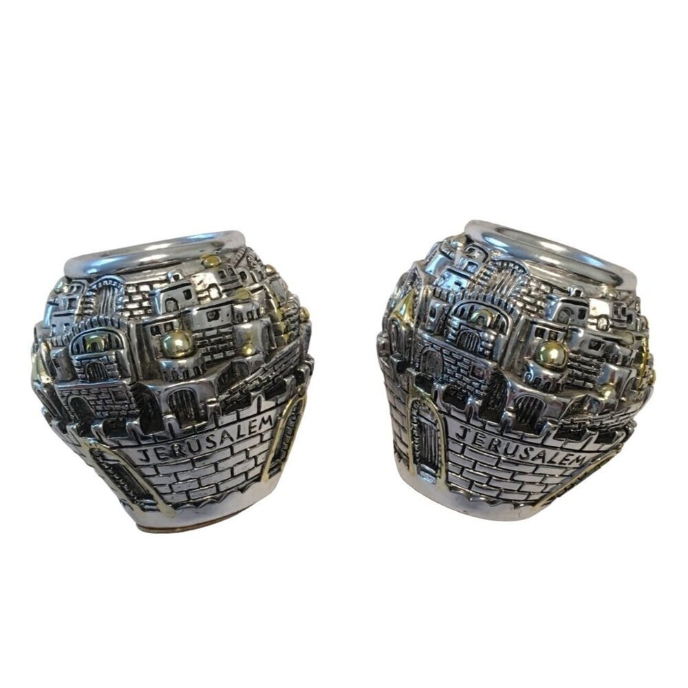 Pair Of Jerusalem Silver & Gold Plated Candle Holders With Intricate City Design